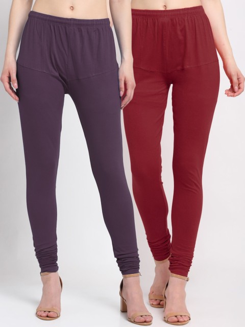 

KLOTTHE Women Pack Of 2 Solid Cotton Churidar-Length Leggings, Purple