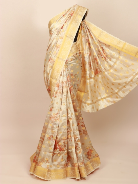 

Pothys Cream-Coloured & Gold-Toned Floral Art Silk Saree