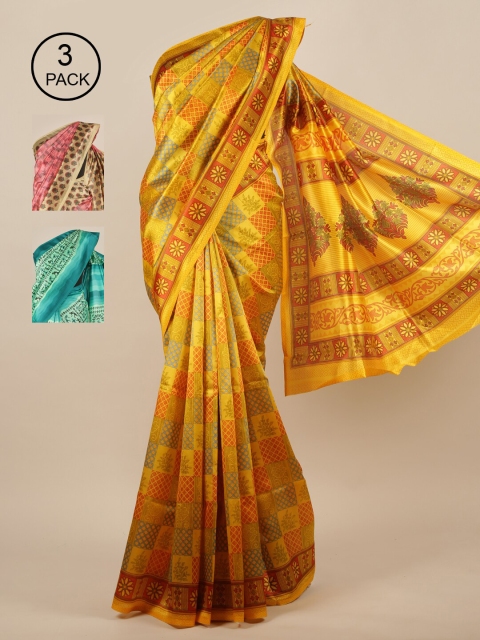 

Pothys Yellow & Sea Green Floral Jute Pack of 3 Silk Saree