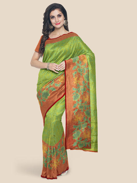 

KLM Fashion Mall Green & Brown Floral Brasso Saree