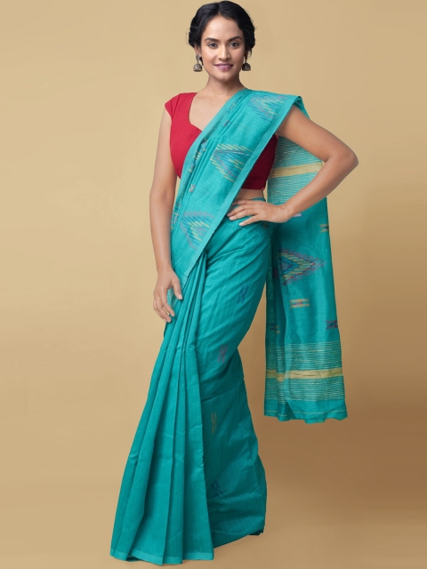 

Unnati Silks Green & Gold-Toned Zari Silk Cotton Maheshwari Handloom Saree