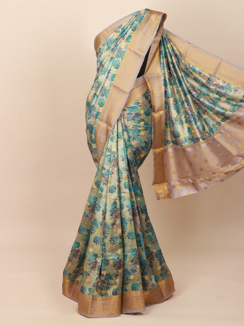 

Pothys Blue & Gold-Toned Floral Zari Art Silk Saree