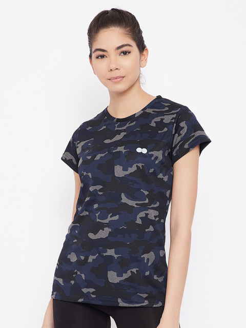 

Clovia Women Blue Camouflage Printed Sports T-shirt