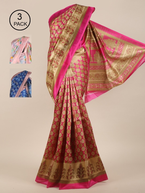 

Pothys Pack of 3 Ethnic Motifs Jute Silk Sarees, Magenta