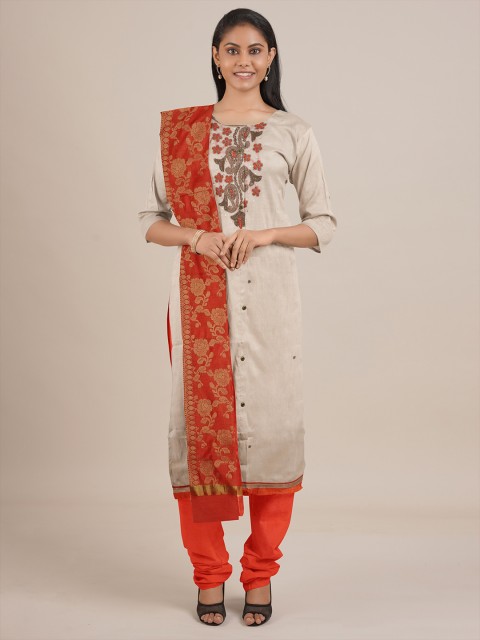 

Pothys Cream-Coloured & Red Unstitched Dress Material