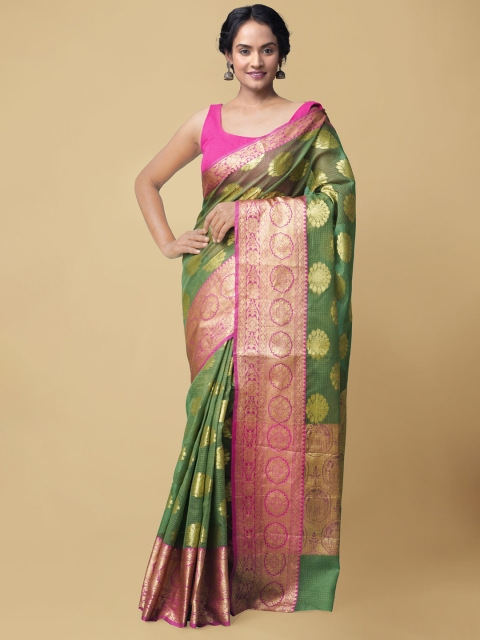 

Unnati Silks Green & Pink Woven Design Silk Cotton Kota Saree