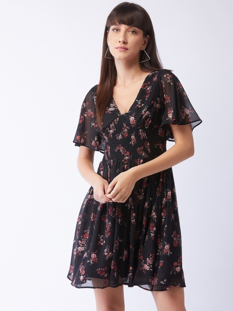 

MAGRE Black Floral Printed Georgette Smocking Fit & Flared Dress