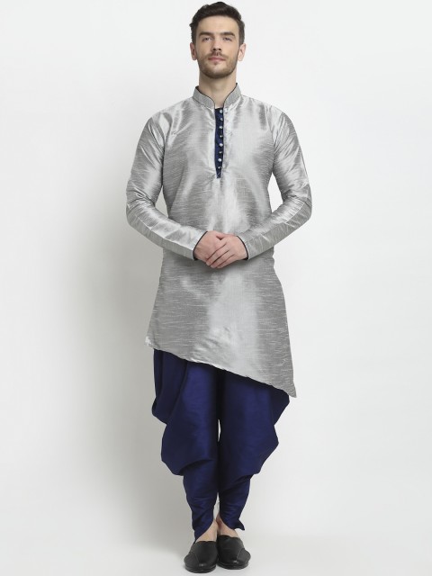 

Benstoke Men Silver & Navy Silk Kurta with Dhoti Pants