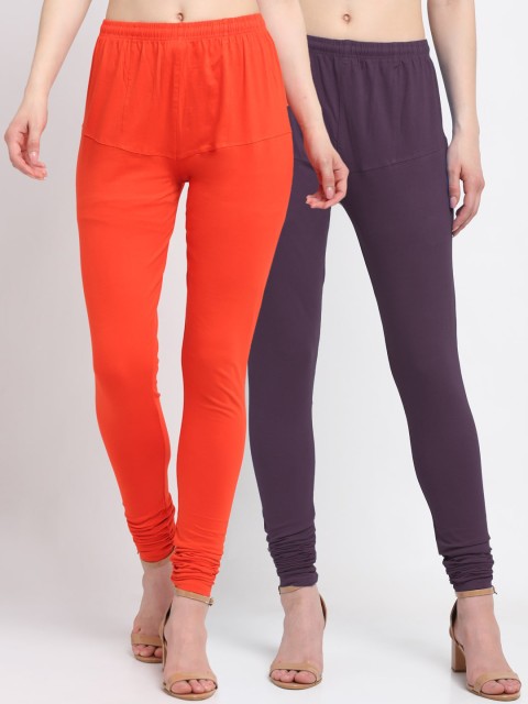 

KLOTTHE Women Pack Of 2 Solid Cotton Churidar-Length Leggings, Purple
