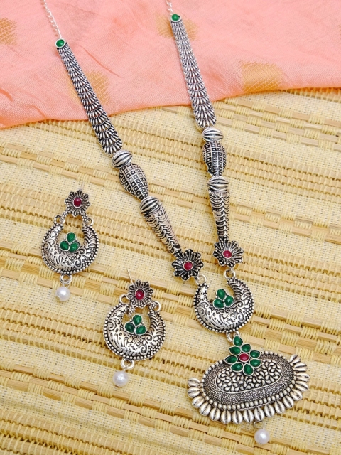 

Crunchy Fashion Oxidised Silver-Plated Green & Red Stone-Studded & White Beaded Antique Jewellery Set