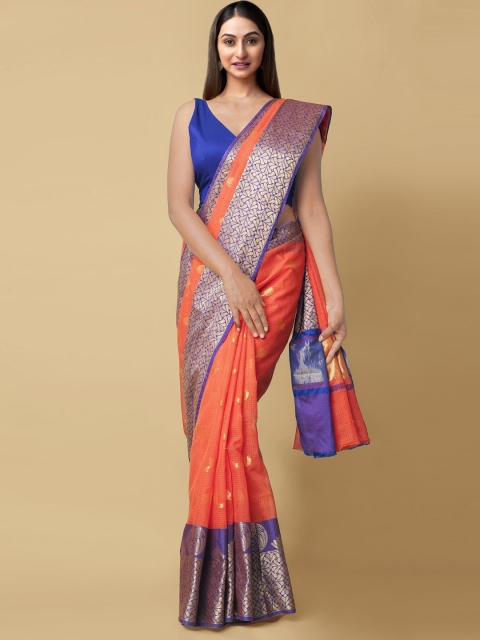 

Unnati Silks Orange & Blue Woven Design Silk Blend Kota Saree