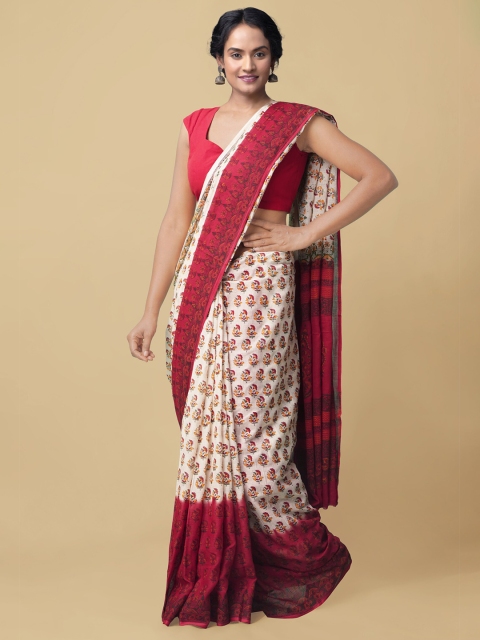 

Unnati Silks Cream-Coloured & Red Ethnic Motifs Pure Cotton Kota Saree