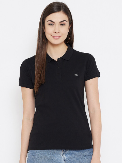 

Okane Women Black Cotton Polo Collar T-shirt