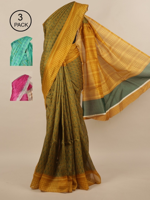 

Pothys Green & Mustard Pack of 3 Jute Silk Saree