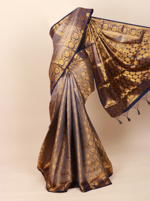 

Pothys Grey & Navy Blue Floral Zari Art Silk Banarasi Saree