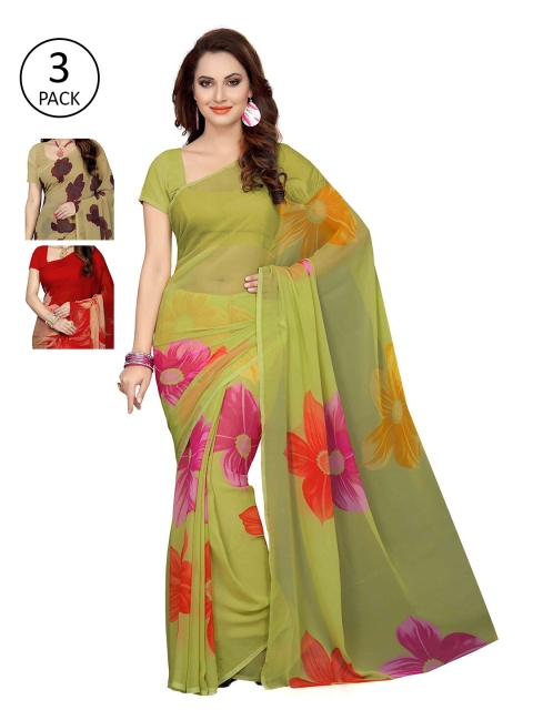 

KALINI Green & Red Floral Pack of 3 Saree