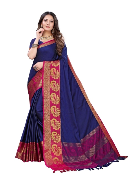 

KALINI Navy Blue & Pink Ethnic Motifs Zari Art Silk Saree