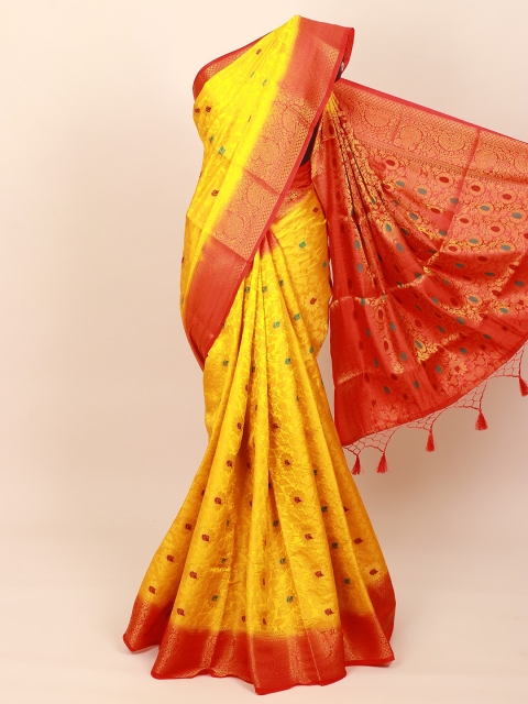 

Pothys Yellow & Red Floral Zari Art Silk Banarasi Saree