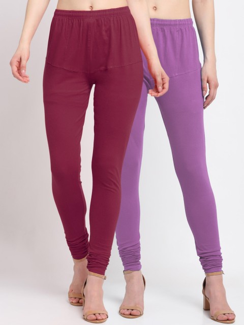 

KLOTTHE Women Pack Of 2 Solid Cotton Churidar-Length Leggings, Purple
