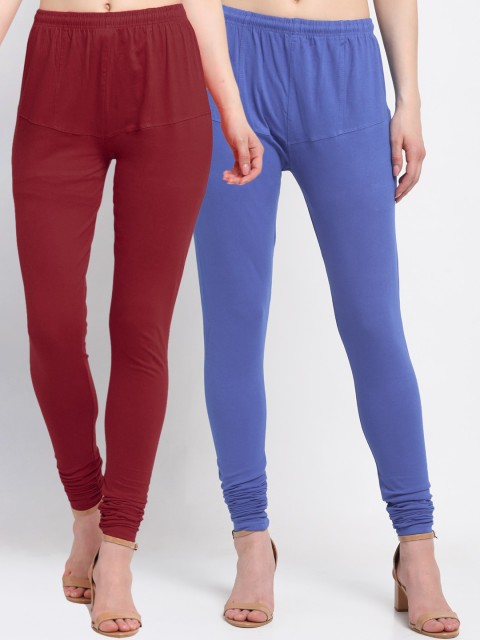 

KLOTTHE Women Pack of 2 Blue & Maroon Solid Cotton Churidar-Length Leggings