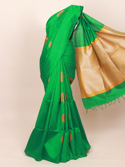 

Pothys Green & Yellow Floral Zari Jute Silk Saree