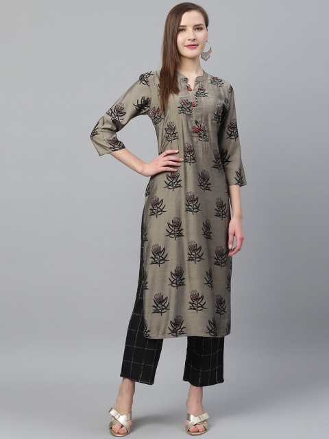 

Ishin Women Grey & Black Floral Printed Kurta with Palazzos