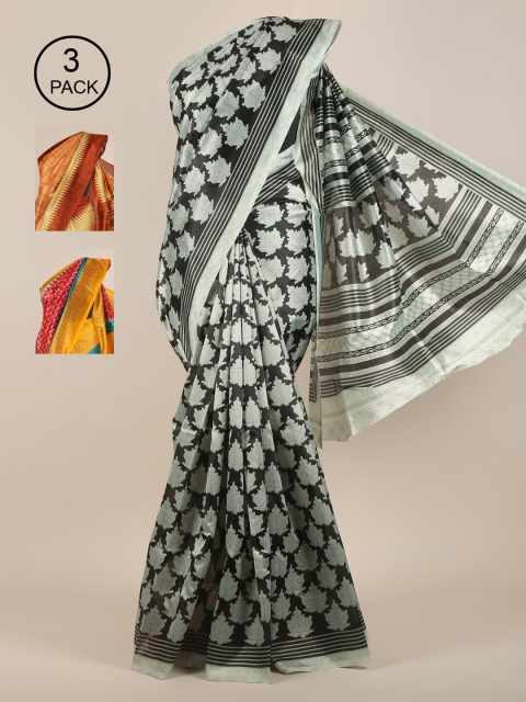 

Pothys Pack of 3 Ethnic Motifs Jute Silk Sarees, Green