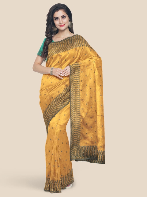 

Kalamandir Mustard & Brown Embellished Mirror Work Silk Blend Saree