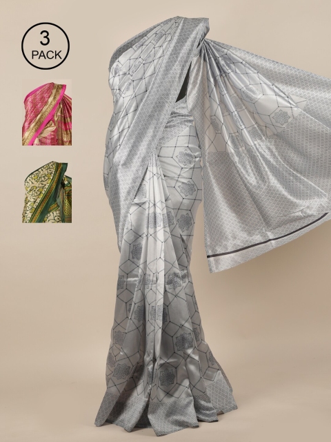 

Pothys Grey & Pink Floral Jute Pack of 3 Silk Saree
