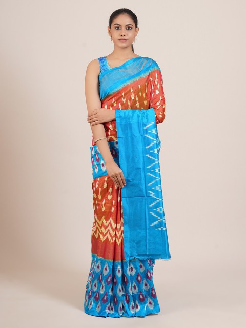 

Pothys Orange & Turquoise Blue Pure Silk Kanjeevaram Saree