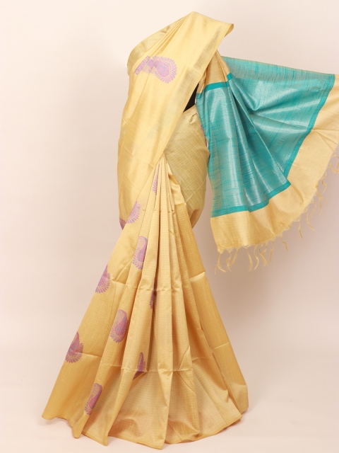 

Pothys Cream-Coloured & Blue Ethnic Motifs Jute Silk Saree