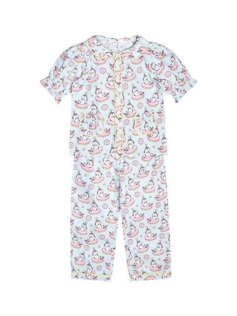 

Budding Bees Girls Blue & Pink Printed Night suit