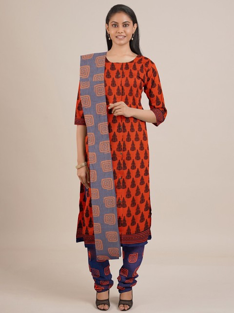 

Pothys Rust & Blue Printed Unstitched Dress Material