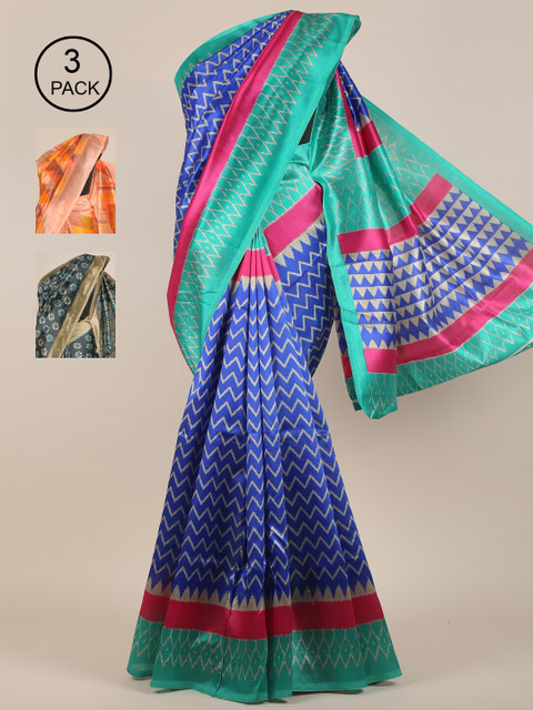 

Pothys Pack of 3 Ethnic Motifs Jute Silk Sarees, Blue