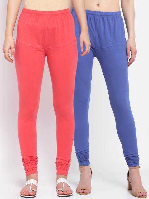 

KLOTTHE Women Pack Of 2 Coral Pink & Blue Solid Cotton Churidar-Length Leggings