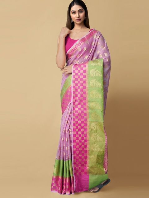 

Unnati Silks Pink & Green Ethnic Motifs Zari Silk Blend Kota Saree