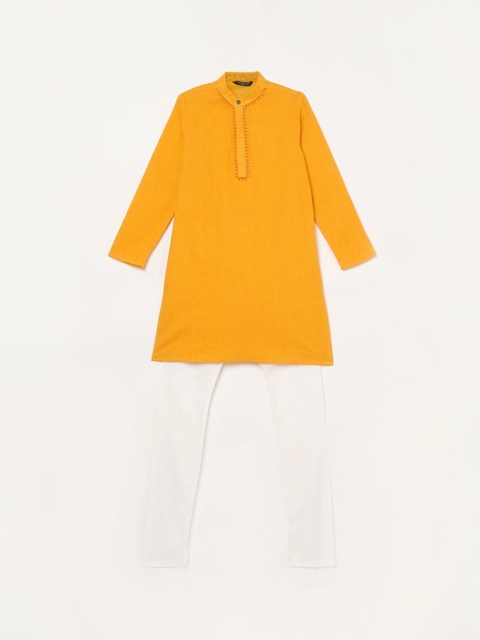 

Melange by Lifestyle Boys Yellow & White Pure Cotton Kurta With Pyjamas