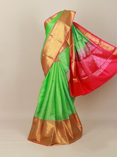 

Pothys Lime Green & Gold-Toned Ethnic Motifs Zari Art Silk Banarasi Saree