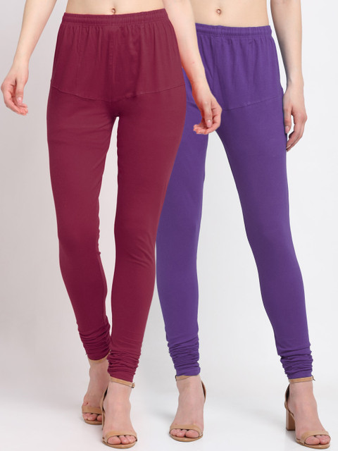 

KLOTTHE Women Pack Of 2 Solid Cotton Churidar-Length Leggings, Purple