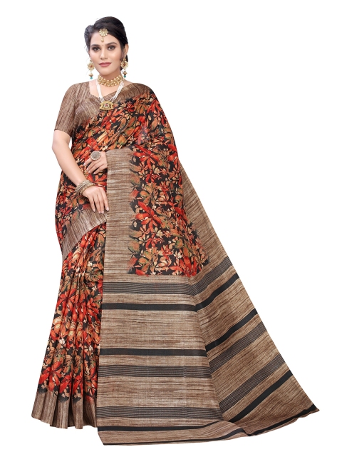 

KALINI Coffee Brown & Red Floral Art Silk Saree