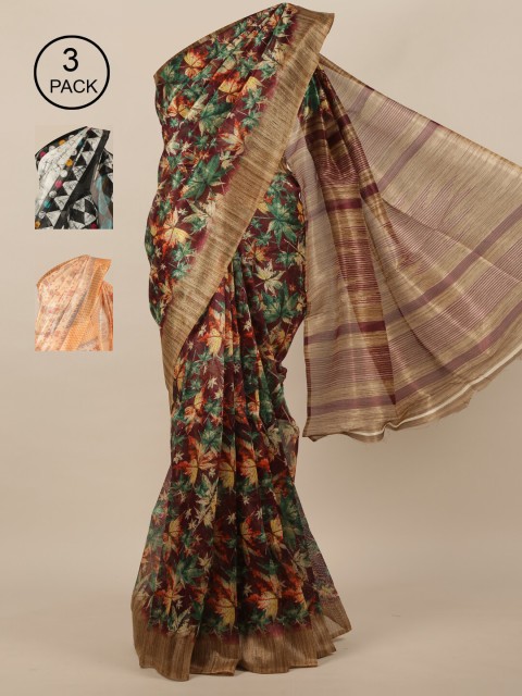 

Pothys Purple & Green Floral Jute Pack of 3 Silk Saree