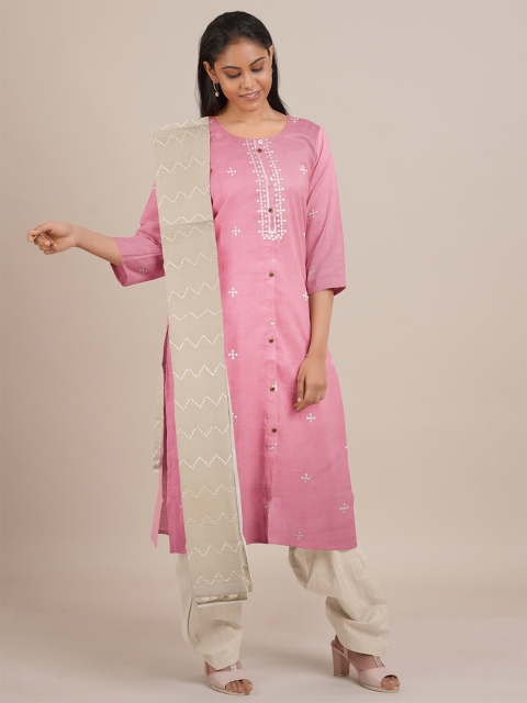

Pothys Pink & Beige Embroidered Unstitched Dress Material