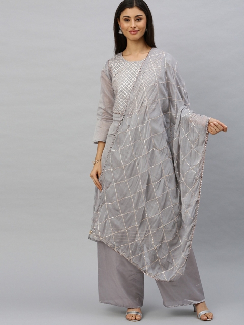 

Ishin Women Grey Printed Pleated Gotta Patti Chanderi Silk Kurta with Palazzos