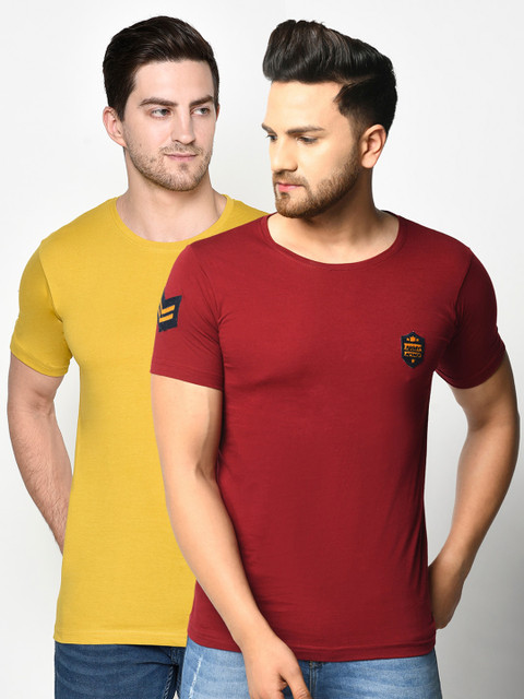 

ELEGANCE Men Mustard Yellow & Maroon Set of 2 T-shirt