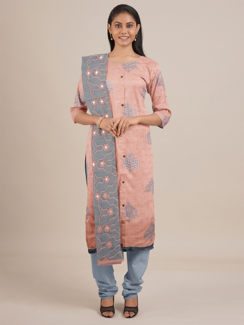 

Pothys Peach-Coloured & Grey Unstitched Dress Material