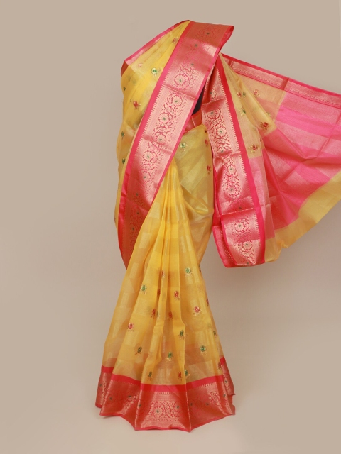 

Pothys Yellow & Pink Floral Zari Art Silk Banarasi Saree