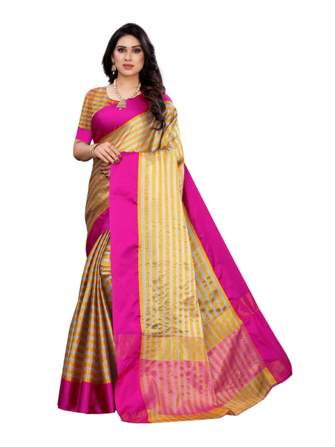 

KALINI Yellow & Pink Striped Silk Blend Saree