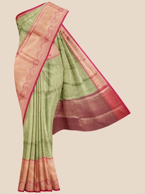 

Kalamandir Green & Gold-Toned Woven Design Zari Silk Blend Banarasi Saree