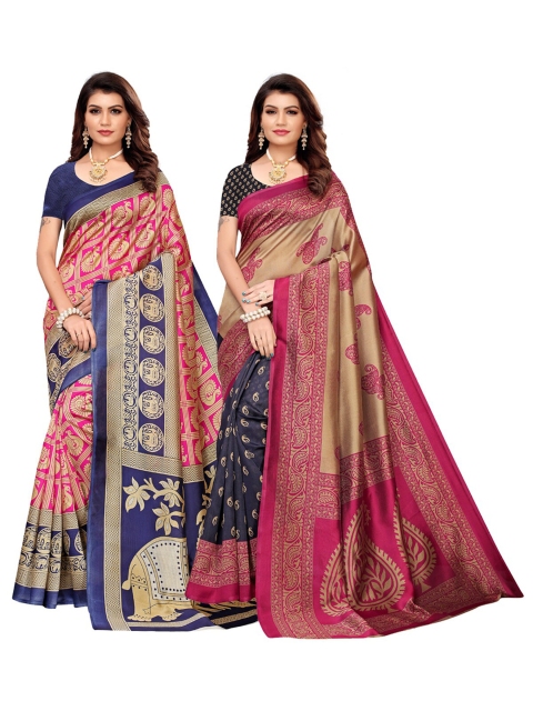 

KALINI Pink & Navy Blue Pack of 2 Ethnic Motifs Art Silk Saree