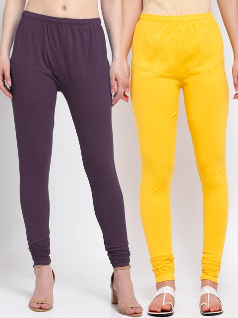 

KLOTTHE Women Pack Of 2 Solid Cotton Churidar-Length Leggings, Purple